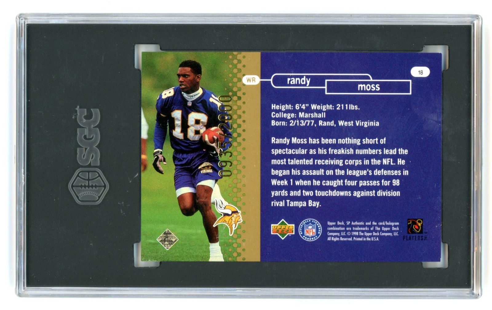 1998 SP Authentic Randy Moss Future Watch RC 935/2000 SGC 9 MINT HOF