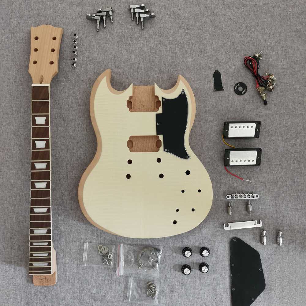 SG style 6 String DIY Electric Guitar Kit Solid Mahogany Body Flamed Maple Top