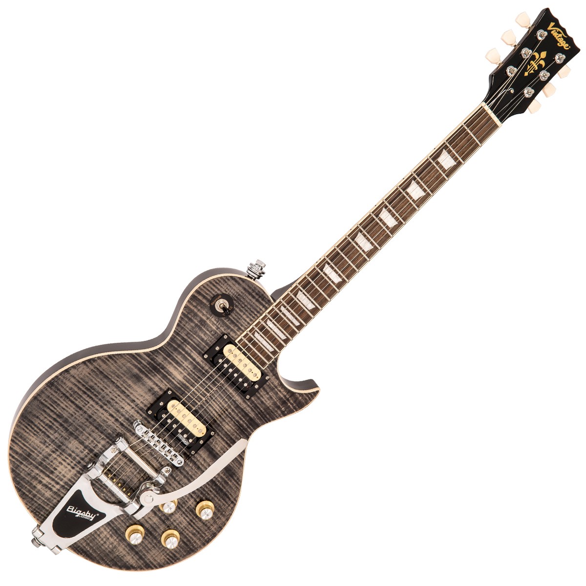 Vintage Reissued Series V100BLB Electric Guitar, Flamed Thru Black W/ Bigsby