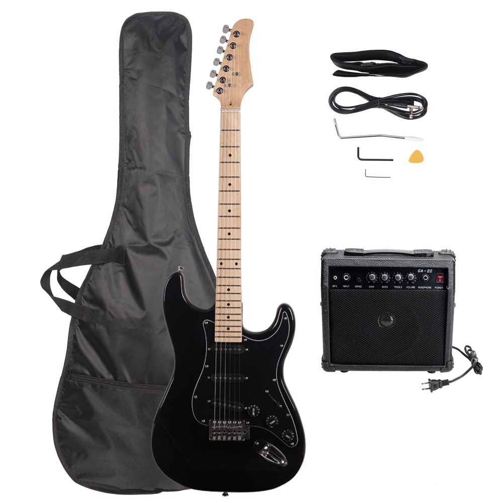 US 39″ ST Stylish Black Electric Guitar With Amplifier Gig Bag Strap Cable Tools