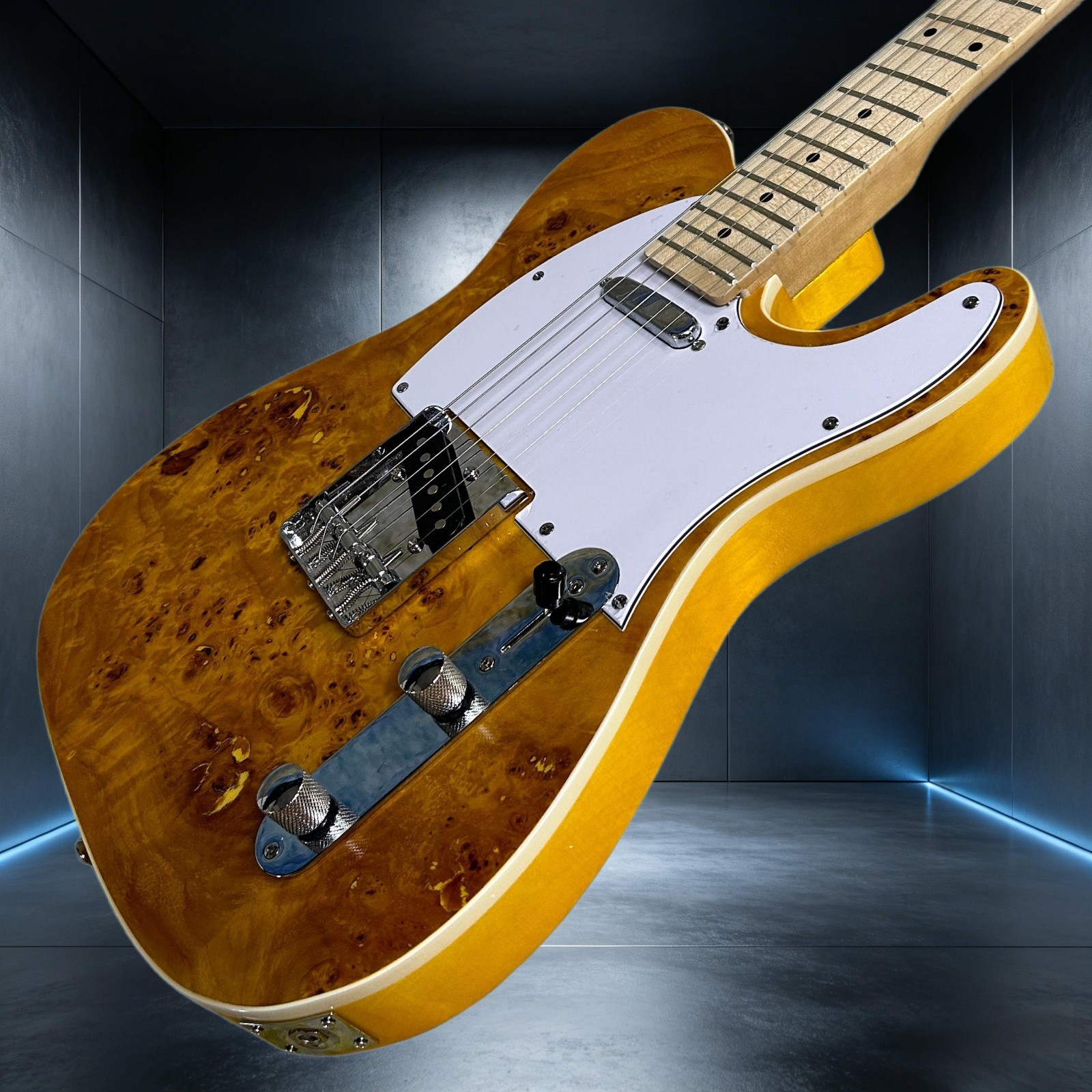 Tele Electric Guitar Mahogany Body Burl Maple Top Transparent Yellow Color
