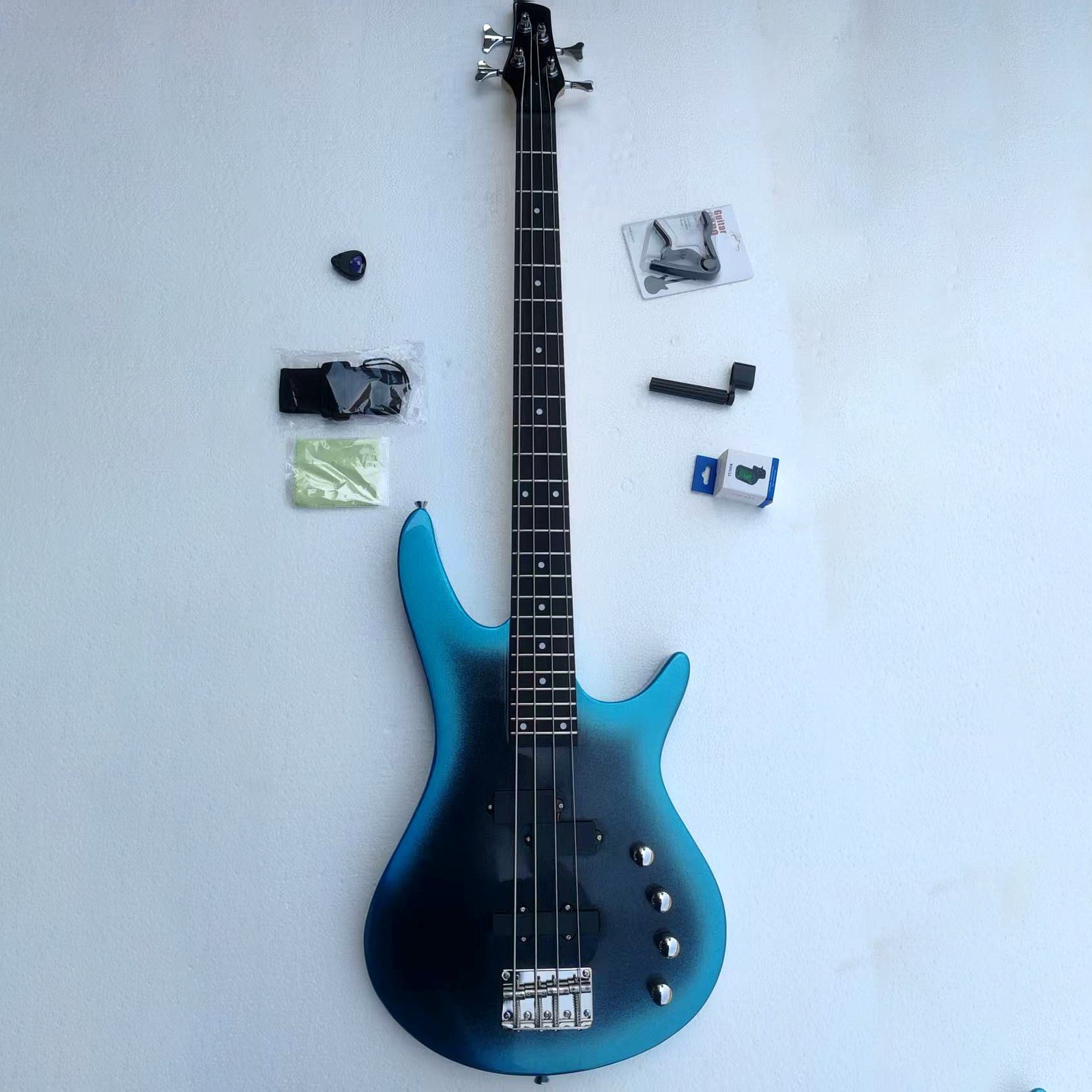 Style 4-String Bass Blue Black Silver Mahogany Body Tech Fretboard