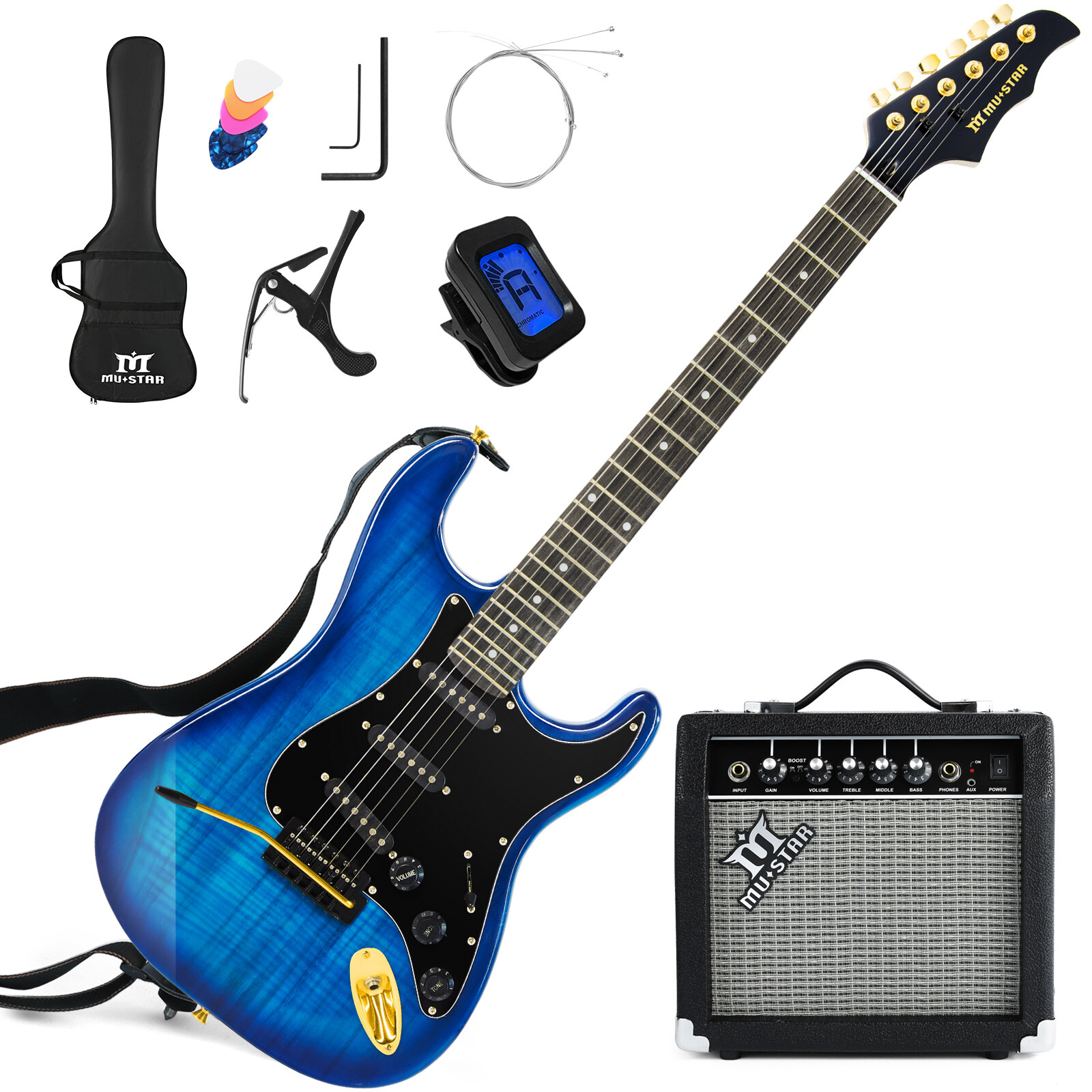 Blue 39″ Electric Guitar 6String with 25W AMP+Bag+Accessories Pack Beginner Kit