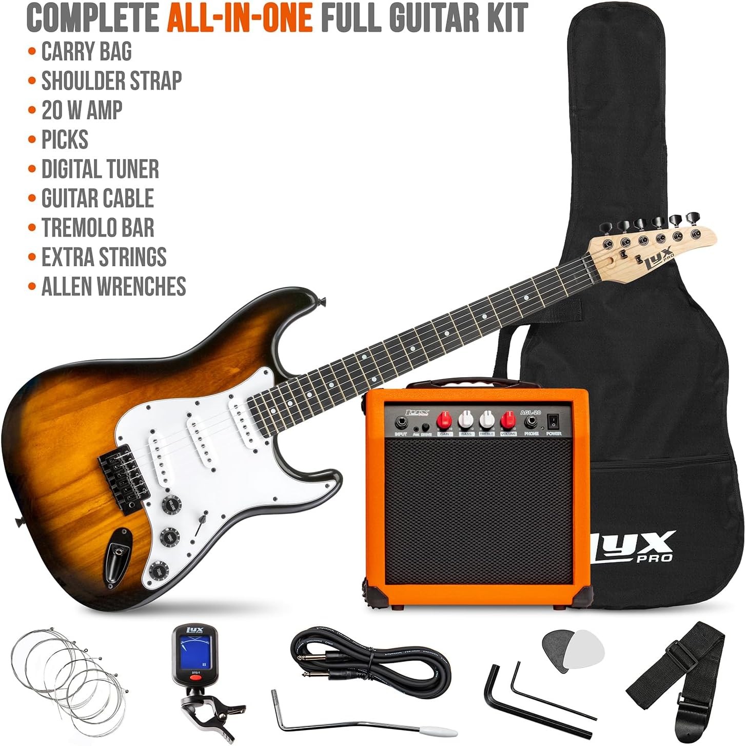 Sunburst Electric Guitar Starter Kit with 20W Amp & All Accessories Included