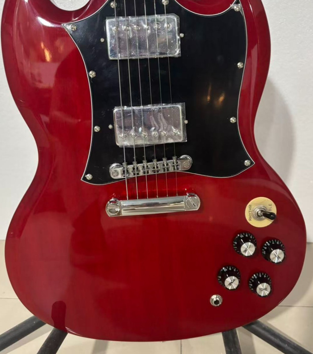 Red electric guitar, black protective cover, SG model. Fast shipping from the US