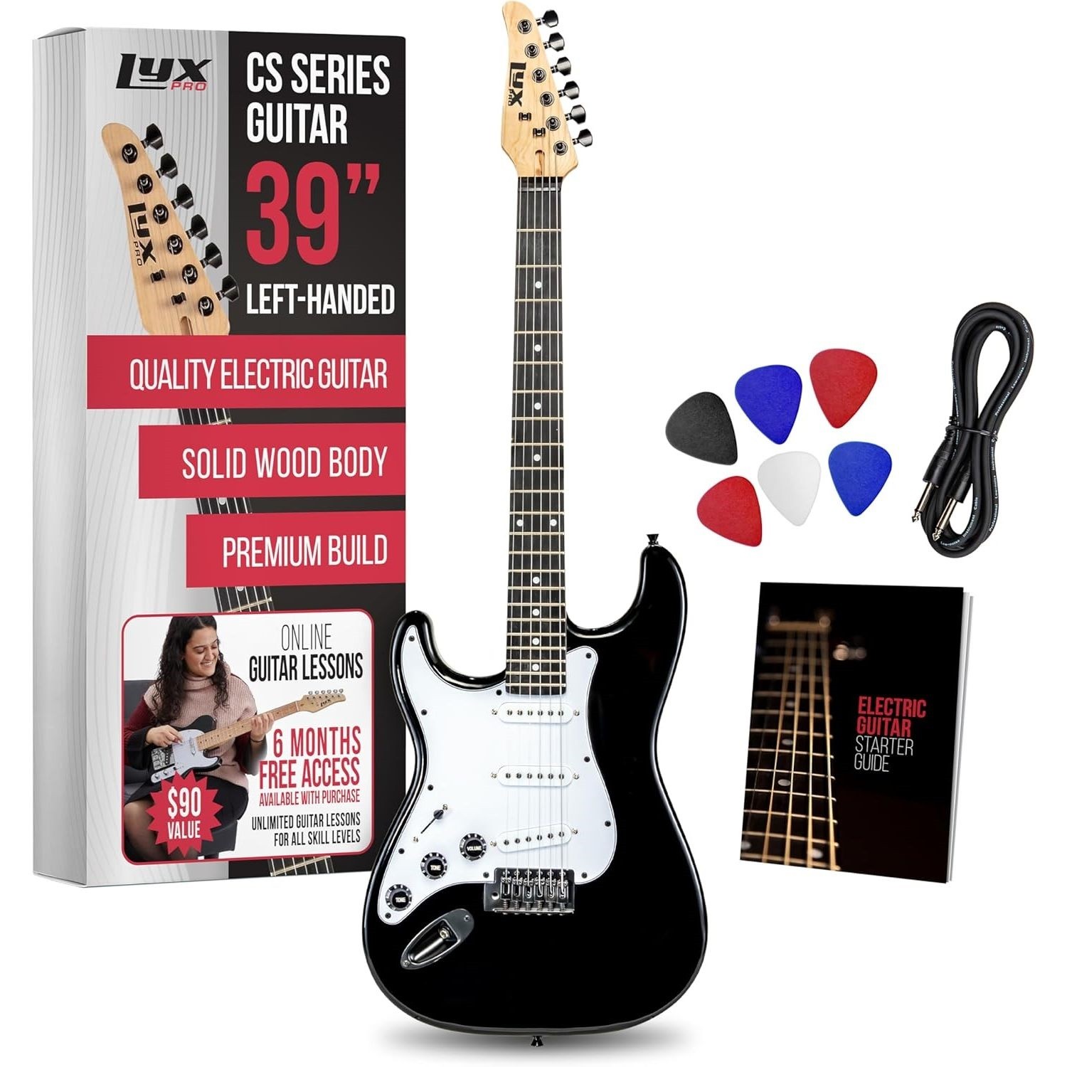 LyxPro CS 39in Left Hand Electric Guitar Kit Amp Cable Picks Guide Full Black