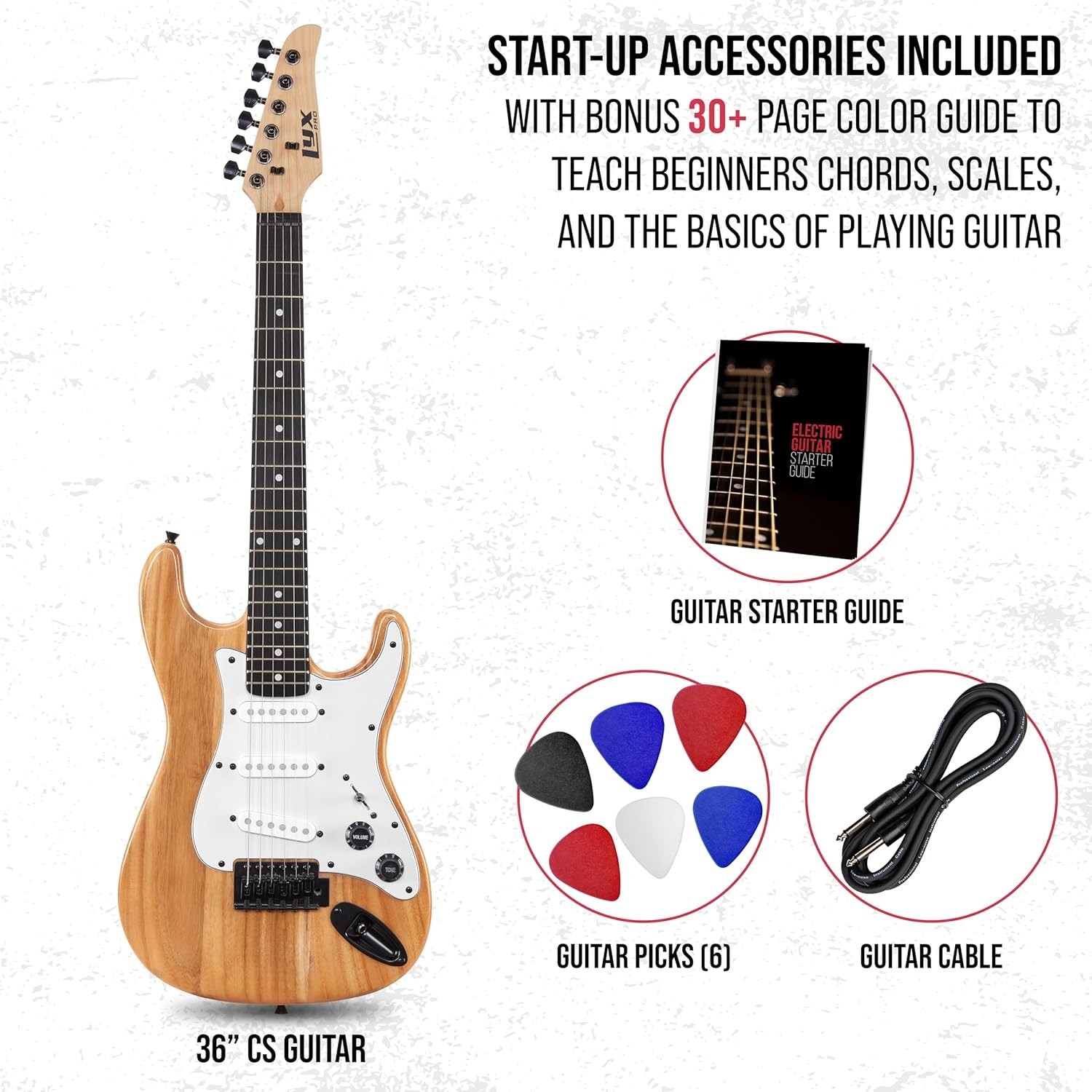 LyxPro CS 36in Electric Guitar Kit Amp Cable 6 Picks Guide Beginner Natural