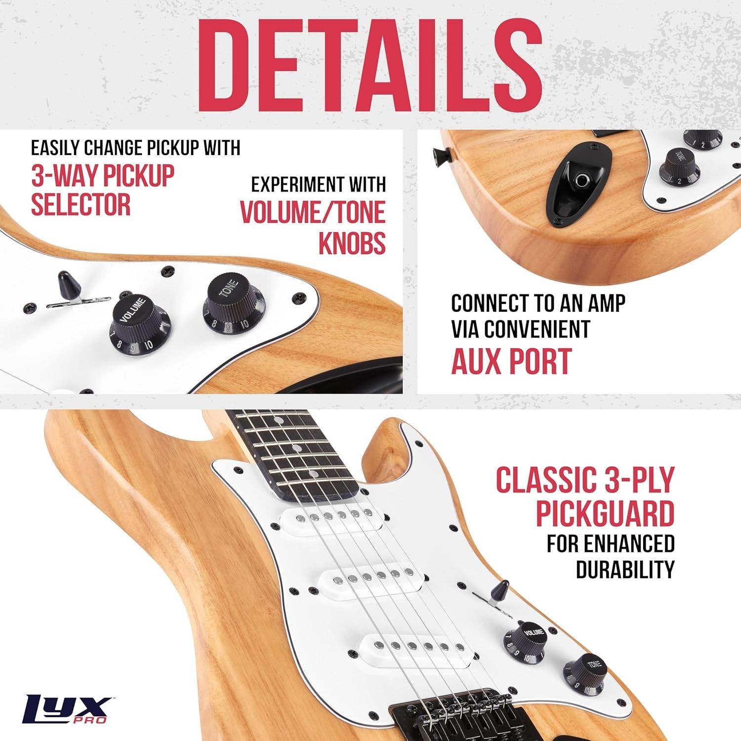 LyxPro CS 36in Electric Guitar Kit Amp Cable 6 Picks Guide Beginner Natural