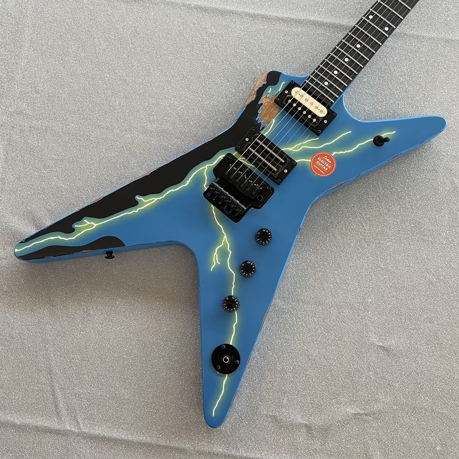 Aged Electric Guitar Tremolo H-H Pickups Blue Finish Black HW Lightning Pattern