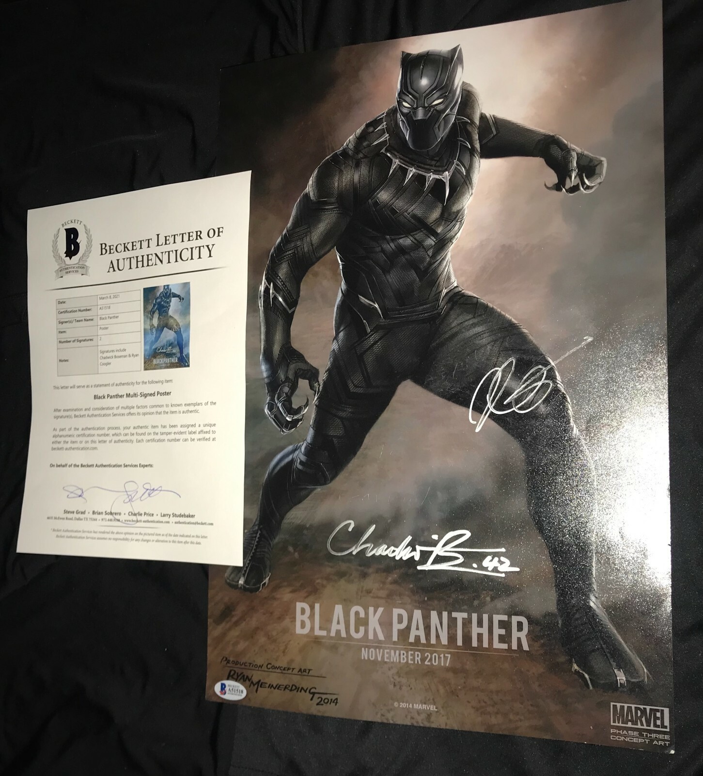 Chadwick Boseman signed Black Panther poster Ryan Coogler photo BAS comic Marvel
