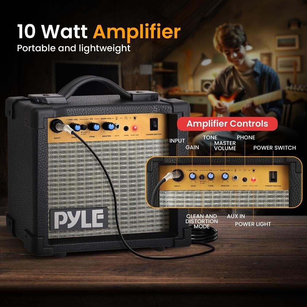 Pyle 6-String Kids Electric Guitar w/ Accessory Kit & Amplifier (Black)
