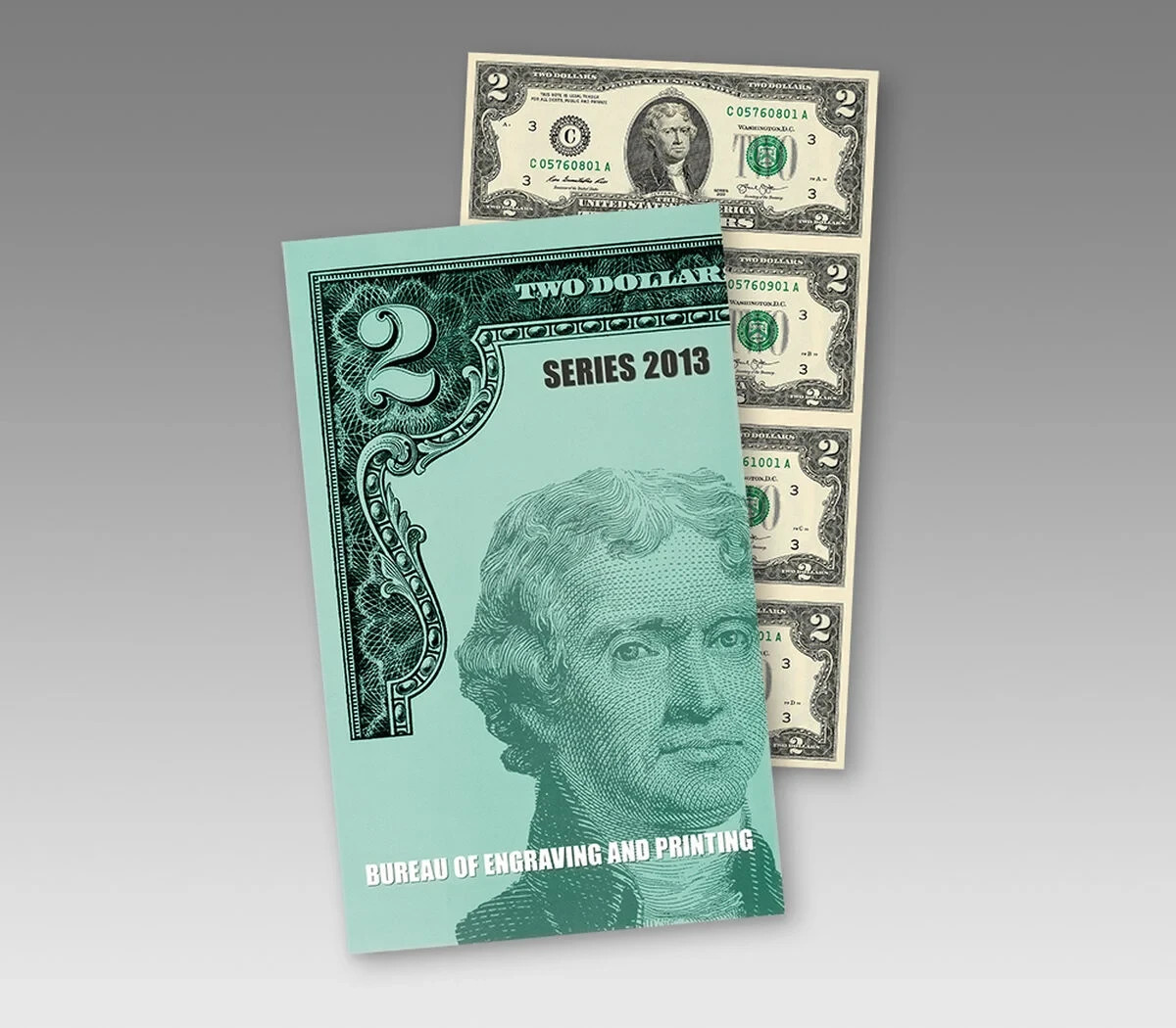 Sheet of 4 uncut $2 Dollar Bills brand new includes the protective cover #955.