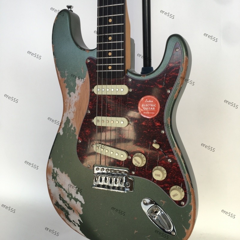 no logo electric guitar aged Dark green tremolo bridge SSS pickups fast delivery