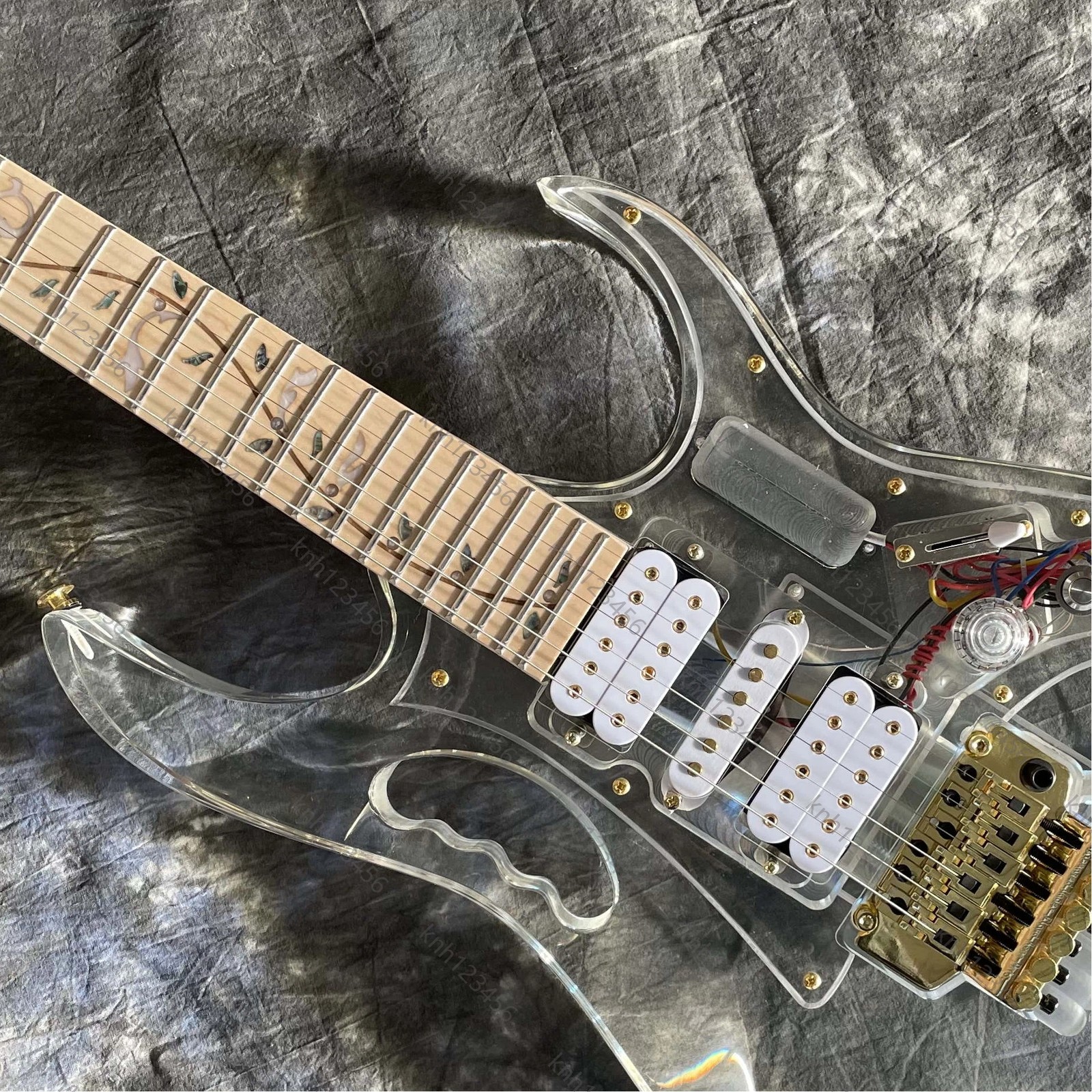 Clear Acrylic Cutaway Electric Guitar HSH Pickups Double Tremolo Free Shipping