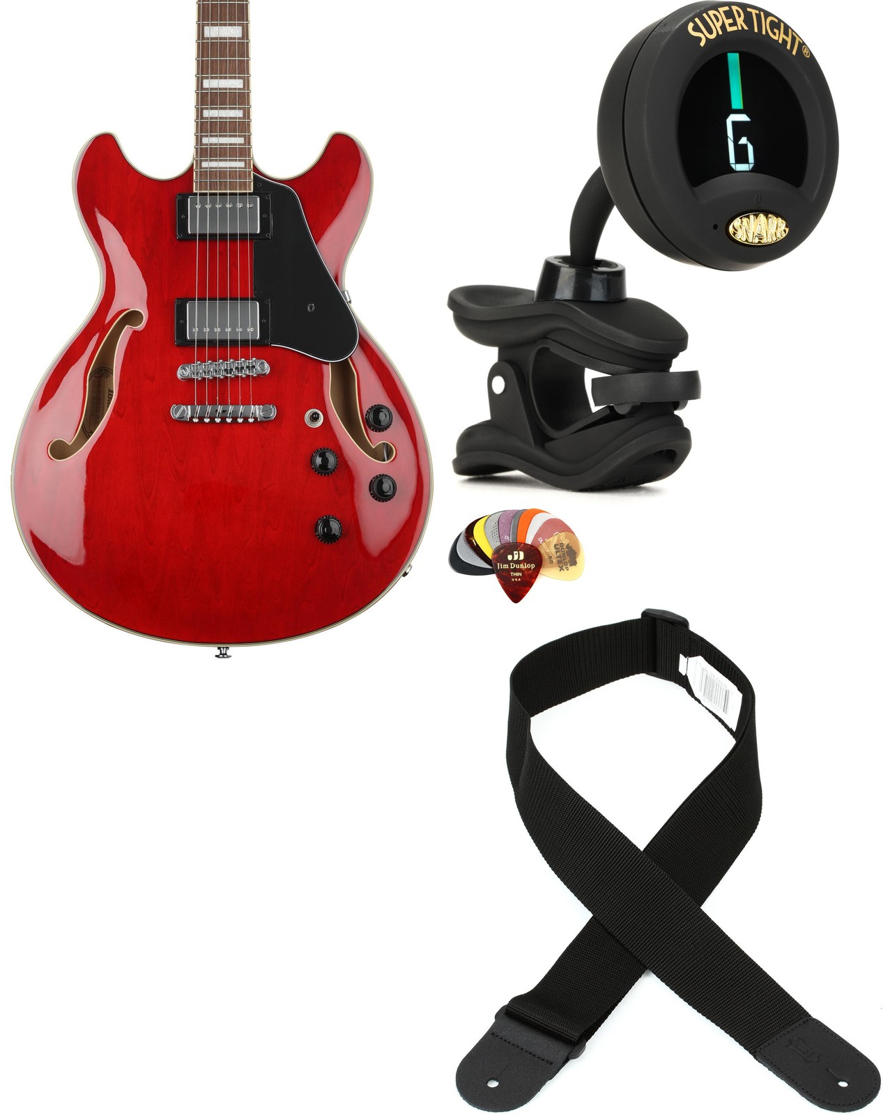 Ibanez AS73TCD + Snark ST-8 RE + Dunlop PVP101 + Levy’s M8POLY-BLK Value Bu