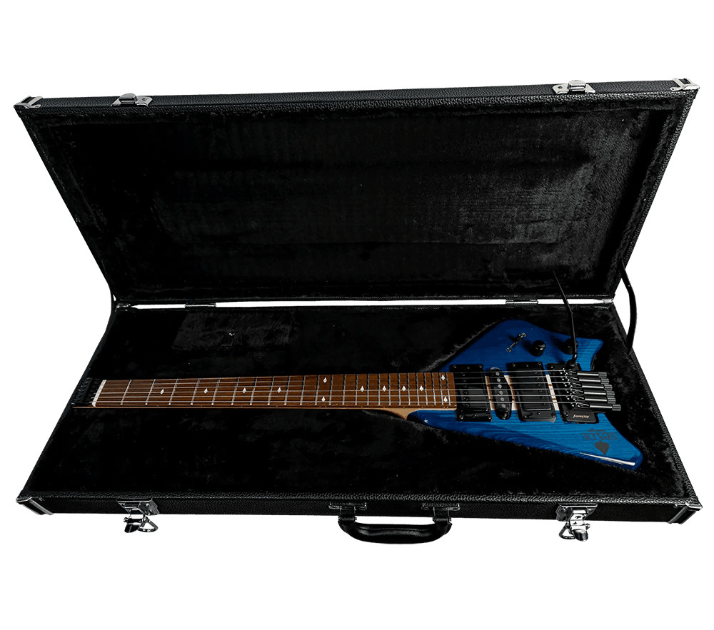 Bootlegger Guitar Spade 25.5″ Headless Guitar Blue, HSH, Floating Tremolo + Case
