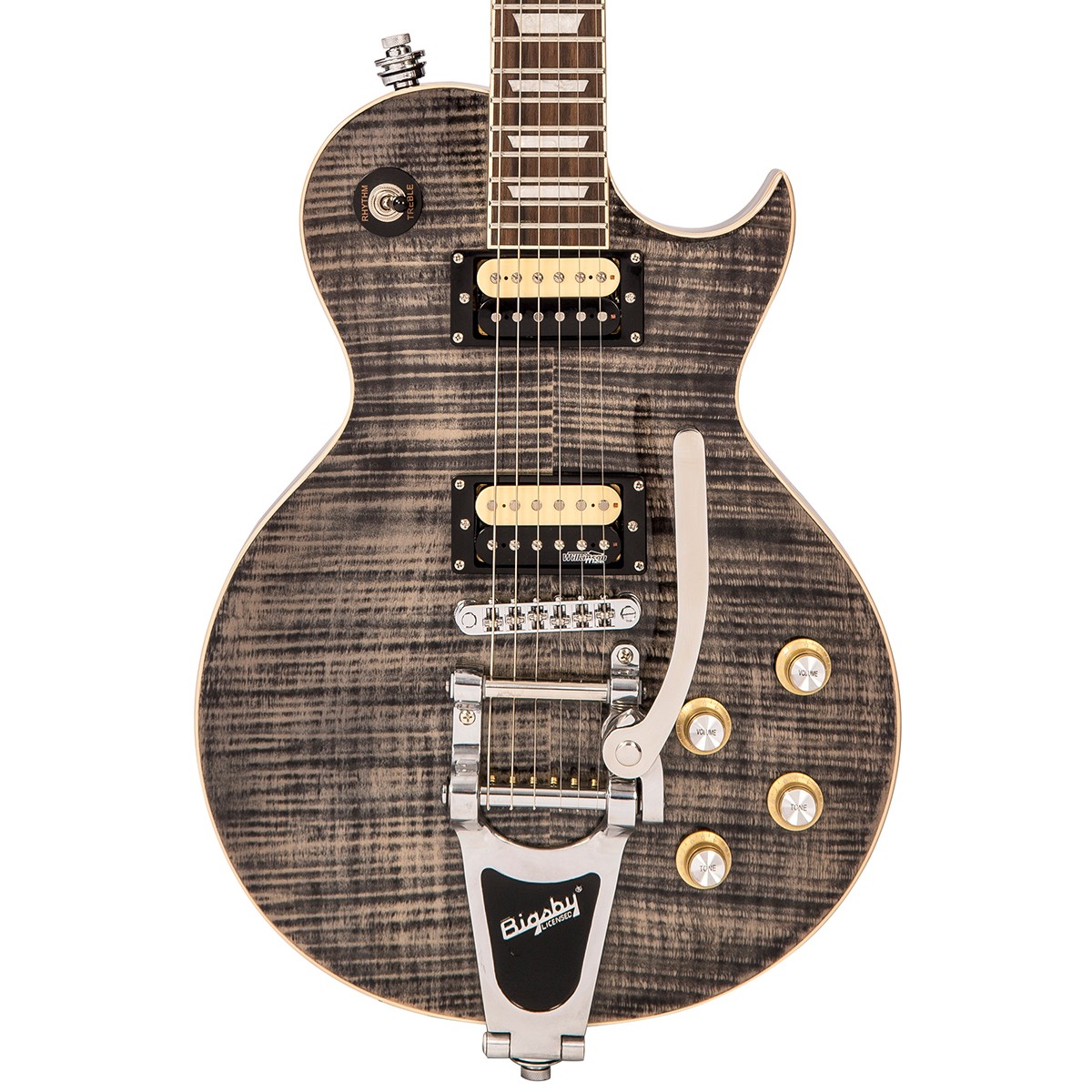 Vintage Reissued Series V100BLB Electric Guitar, Flamed Thru Black W/ Bigsby