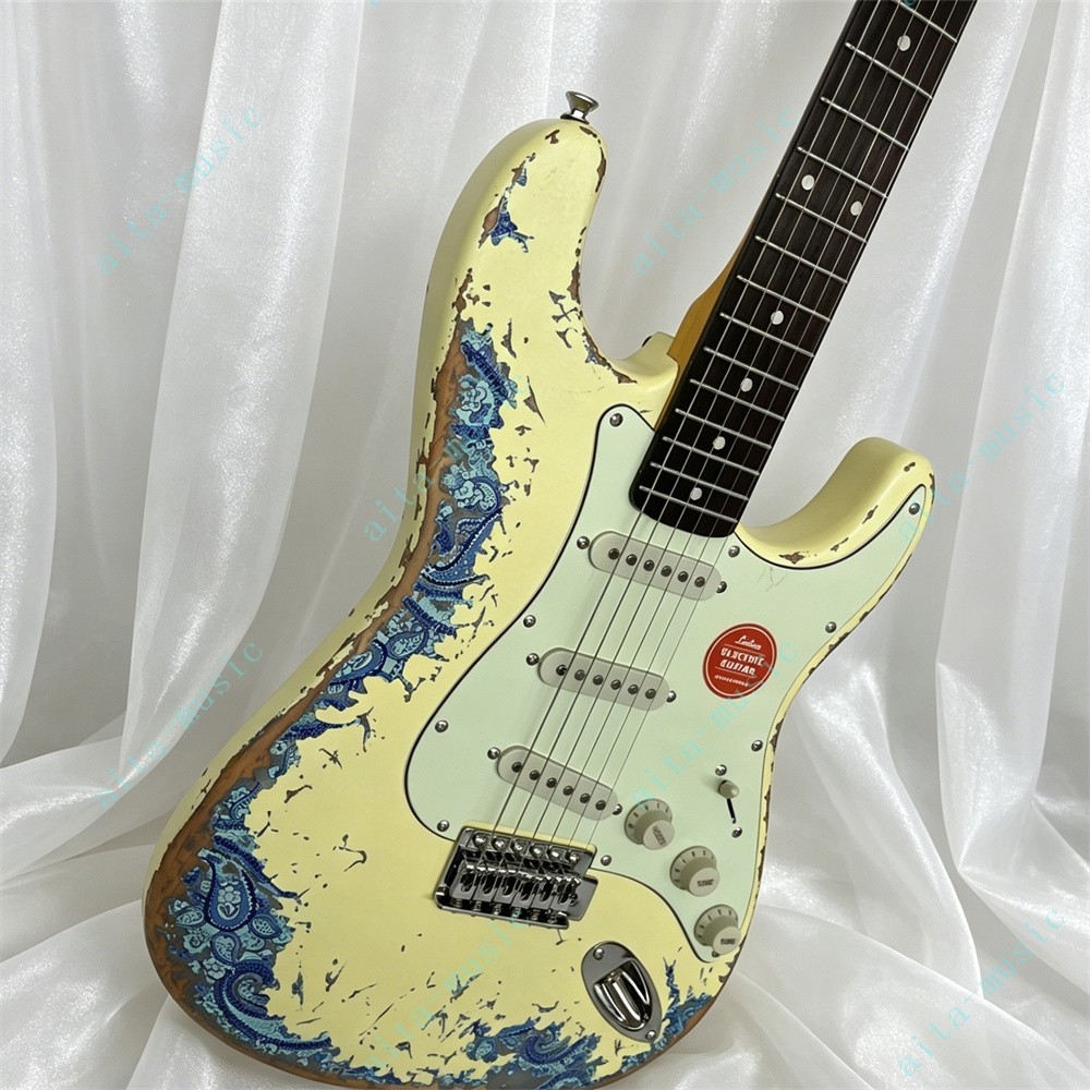 Solid Electric Guitar Stainless Rounded Fret Cream over Blue Paisley Fast Ship