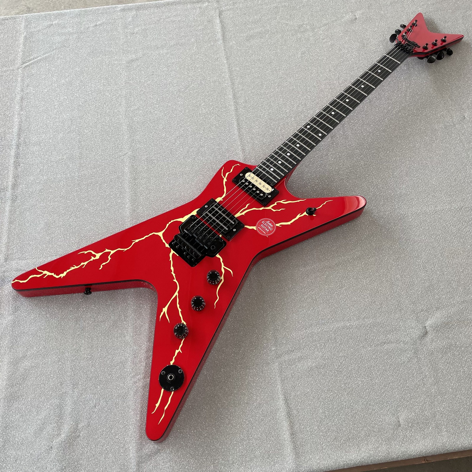 Unique red top yellow Lightning Electric Guitar FR Bridge HH Pickups black part