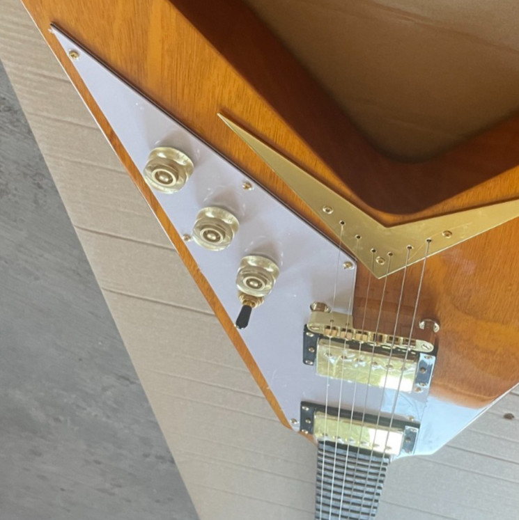 6-String Shape Flying V Style Electric Guitar Accessories Gold Mahogany Body