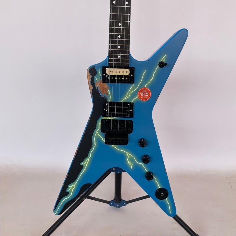 Vintage Aged Blue Lightning Solid Electric Guitar H-H Pickups Rounded fret Edge