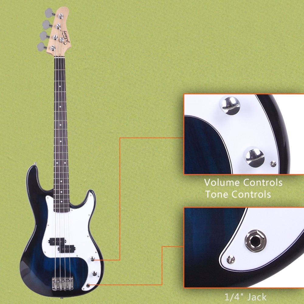 US 45″ Blue Electric Bass Guitar 4-Strings Full Size W/ Bag Strap Pick Cable