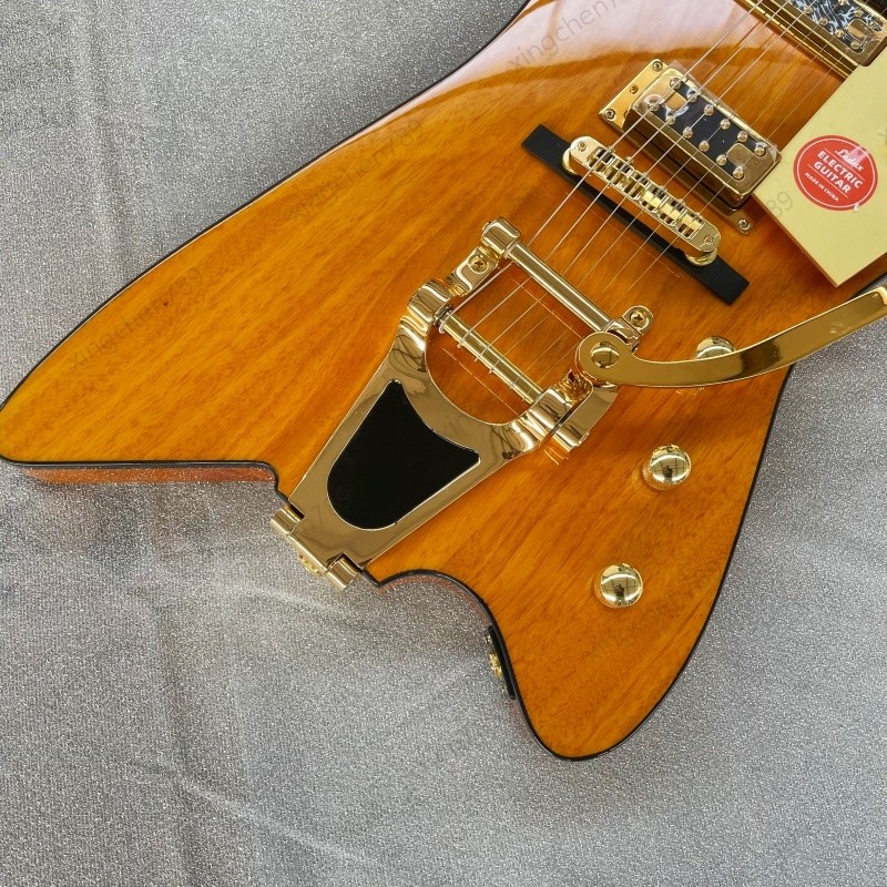 Glossy Yellow Wood Grain Solid Body Electric Guitar Stainless Rounded Fret Rock
