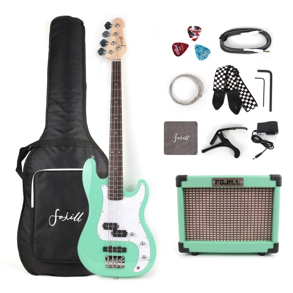 Electric PJ bass set with amplifier gigbag strap string cable picks in Green