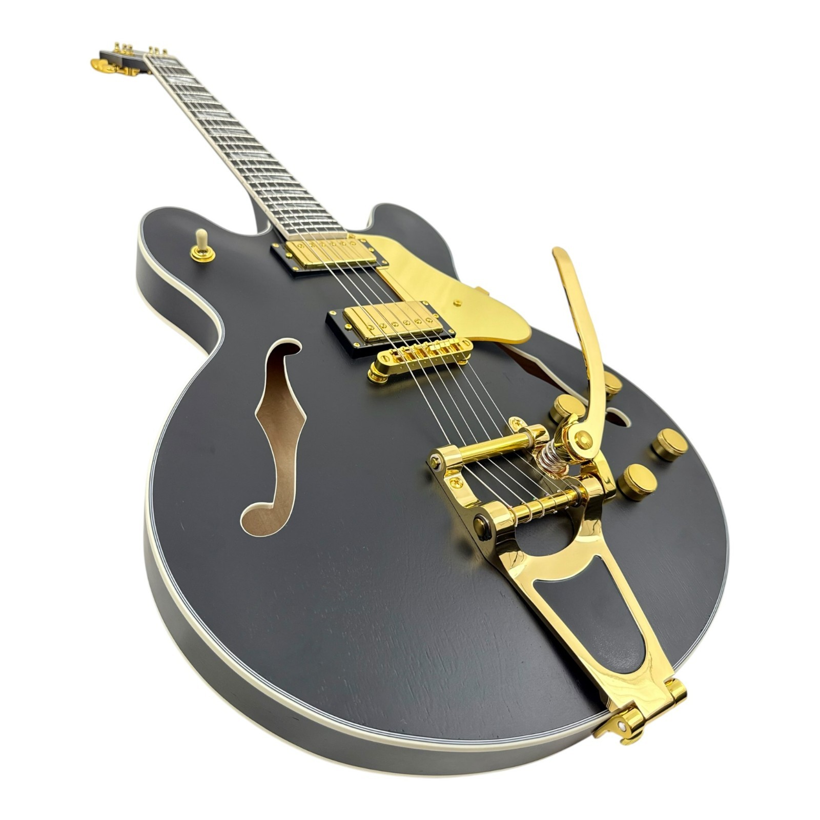 Haze SEG1975BK Nightshade Semi-Hollow Electric Guitar Black Gold w/ Vibrato Bar