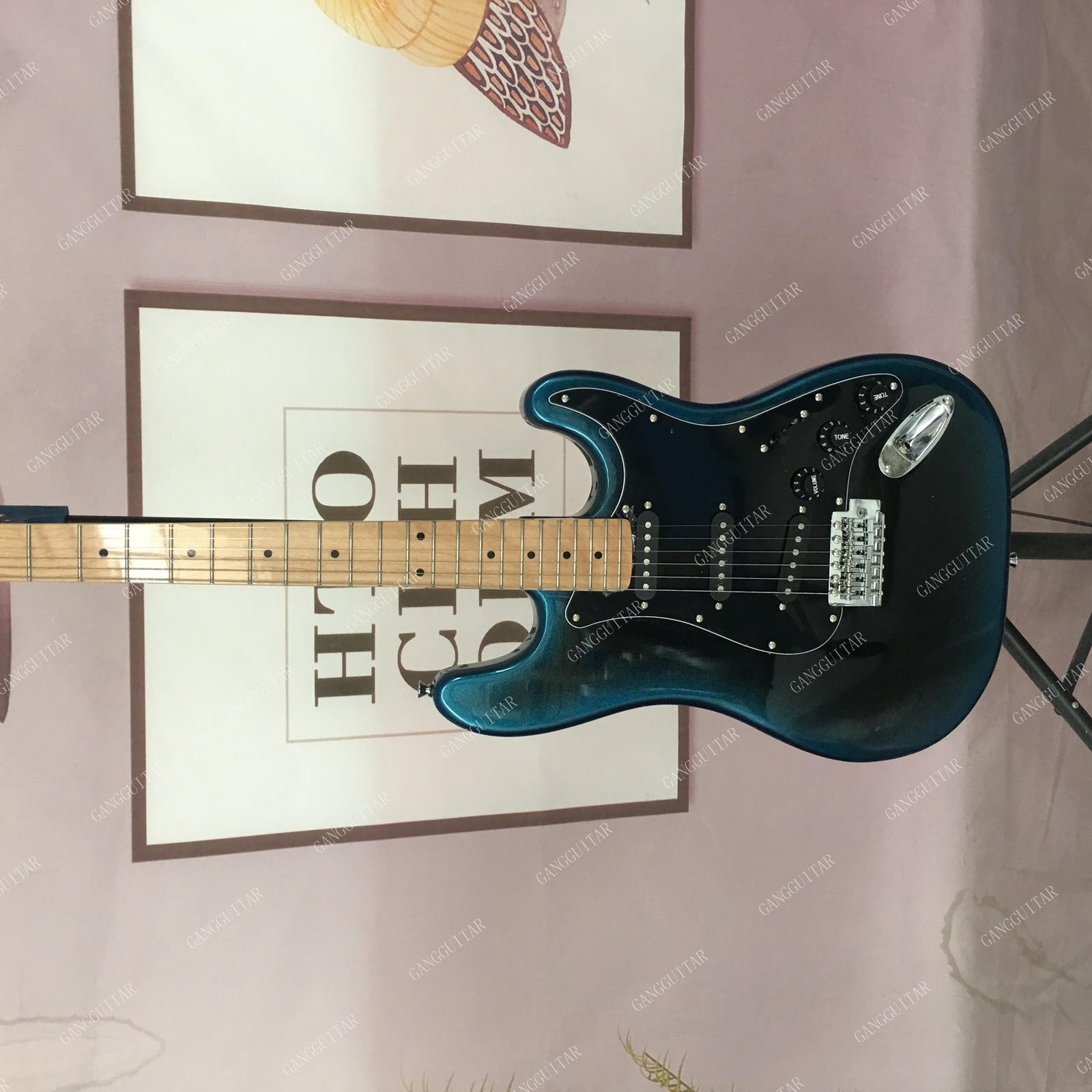 Solid Body Electric Guitar Stainless Steel Rounded Frets Edge Metal Blue-Black
