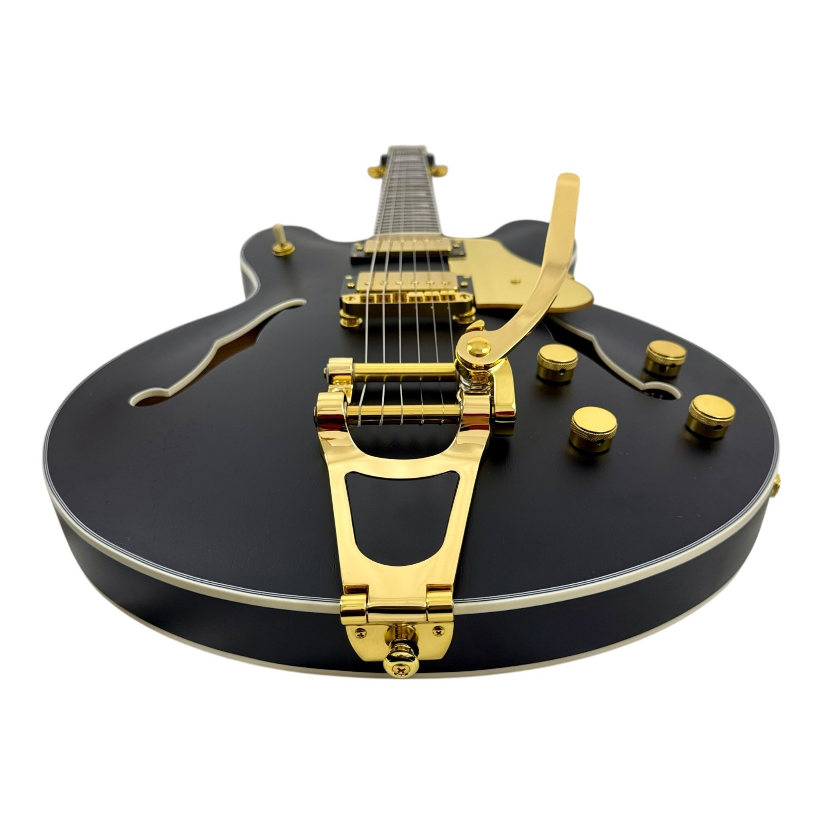 Haze SEG1975BK Nightshade Semi-Hollow Electric Guitar Black Gold w/ Vibrato Bar