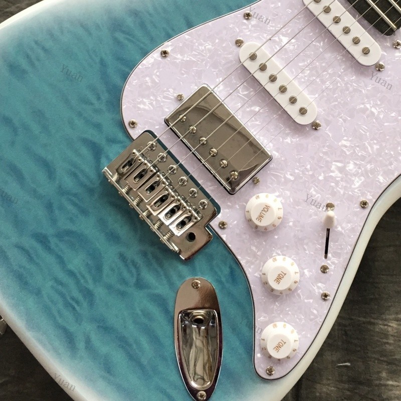 Electric Guitar SSH Pickups White Pearloid Pickguard Quilted Maple Teal Burst