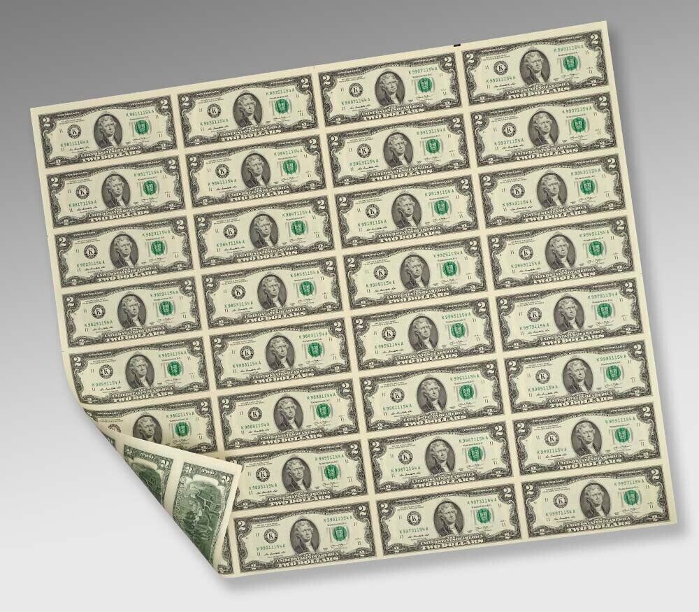 Uncut Sheet (32) US $2 Dollar Bills Ft Worth TX Series 2013 LOWEST PRICE #1965.