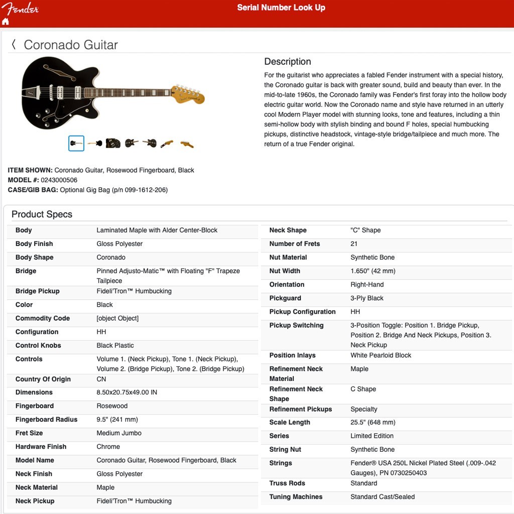 Fender Modern Player Coronado II Semi-Hollow Body Guitar 2014 – Black 07630