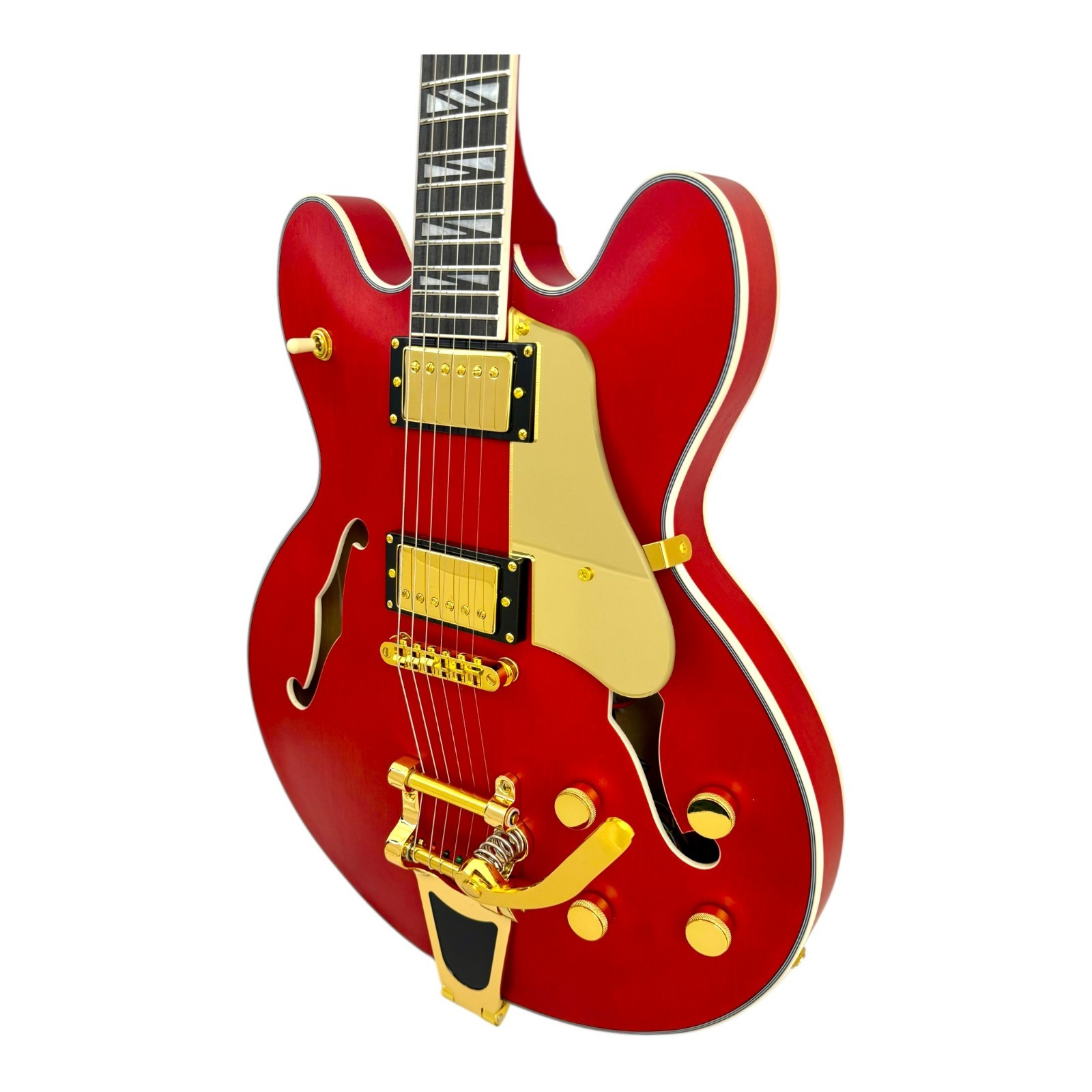 Haze SEG1975WRDS Semi-Hollow HES Electric Guitar Wine Red Gold w/ Vibrato Bar