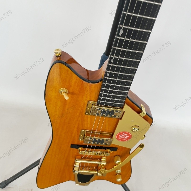Glossy Yellow Wood Grain Solid Body Electric Guitar Stainless Rounded Fret Rock