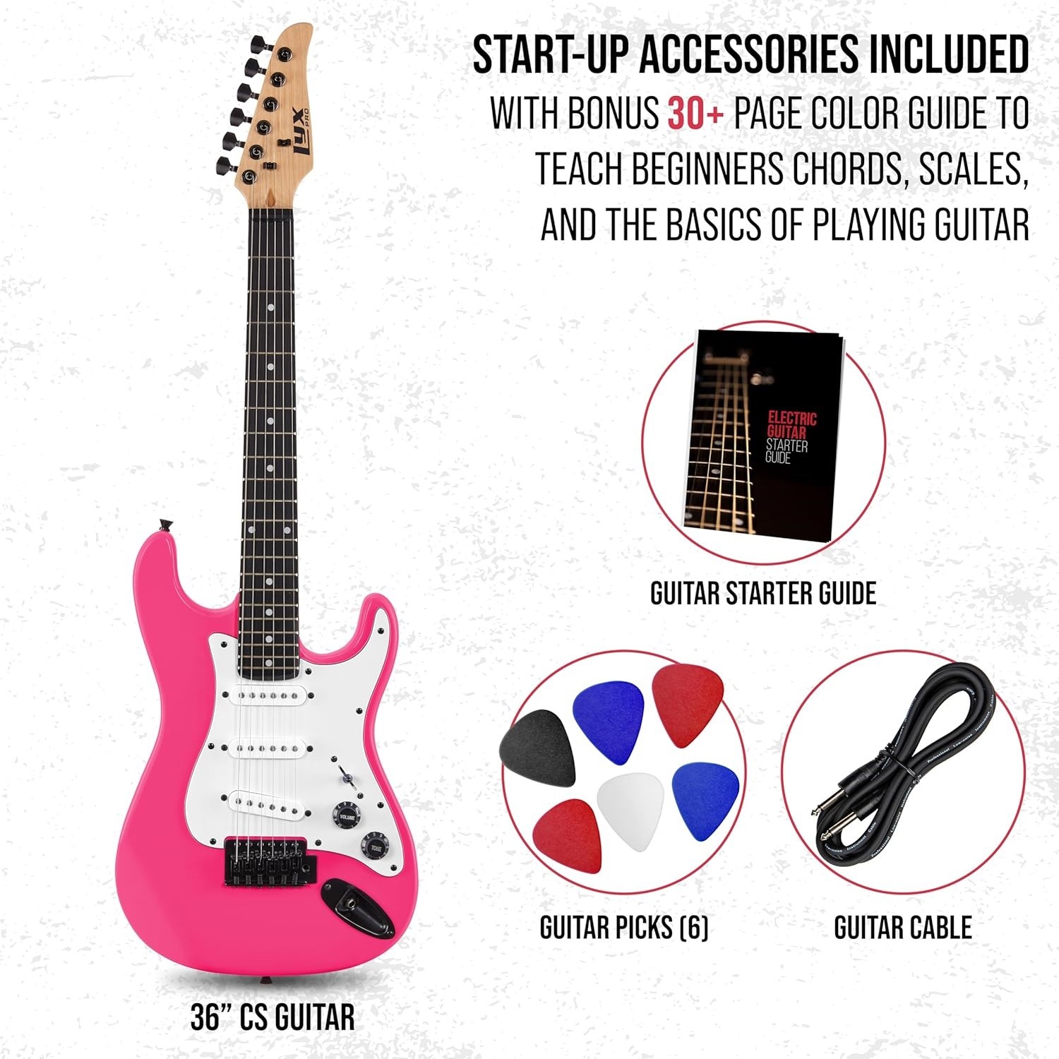 LyxPro CS 36in Electric Guitar Kit Amp Cable 6 Picks Guide Beginner Pink