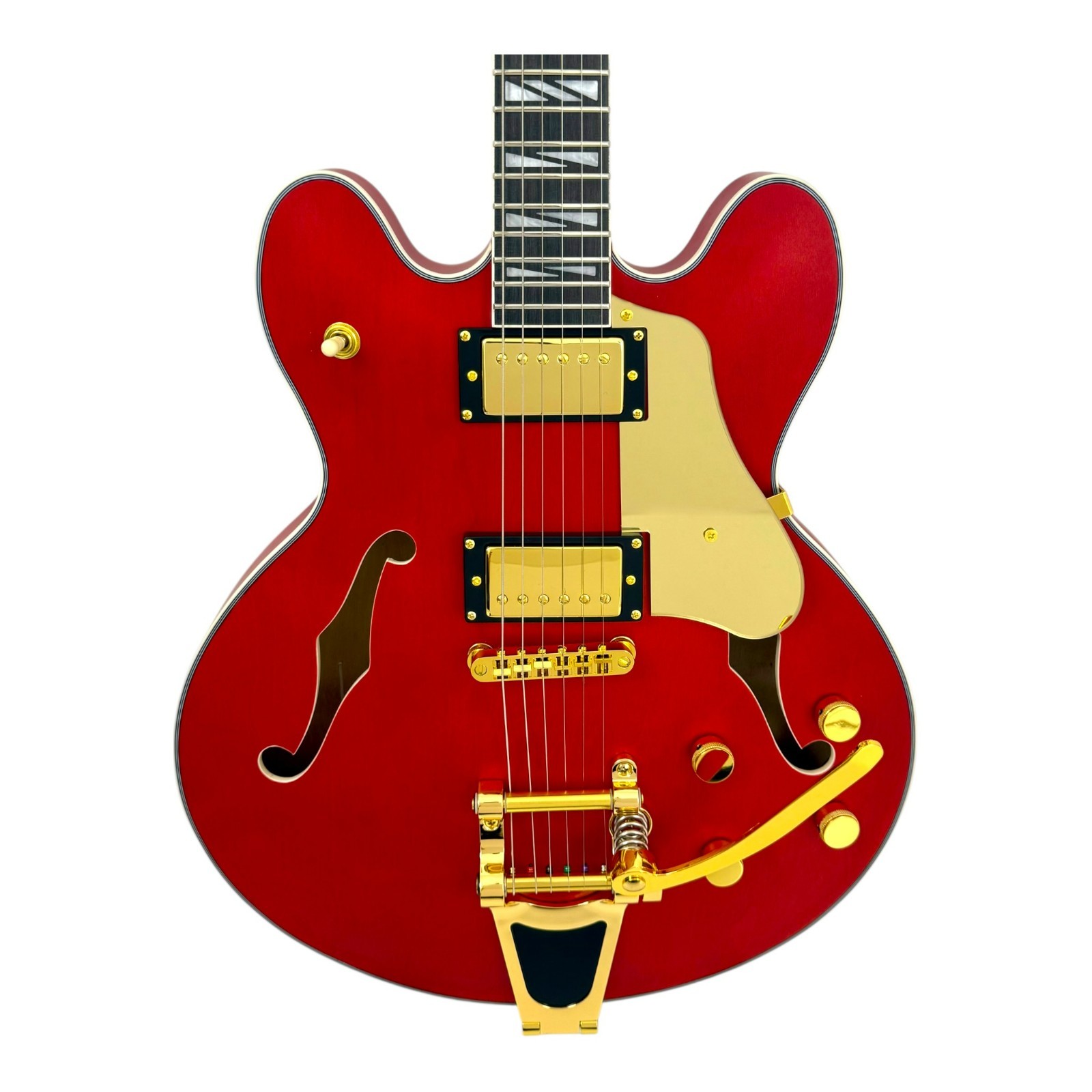 Haze SEG1975WRDS Semi-Hollow HES Electric Guitar Wine Red Gold w/ Vibrato Bar