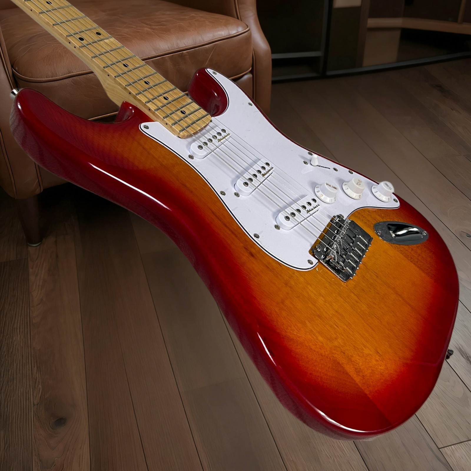 ST Electric Guitar Mahogany Body Cherry Sunburst Color Maple Fretboard