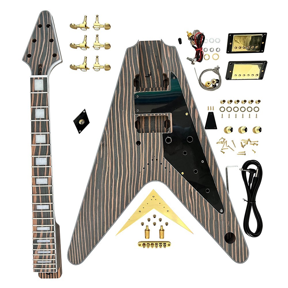 Unfinished DIY Electric Guitar Kits Set Neck V Bridges Zebrawood Free Ship
