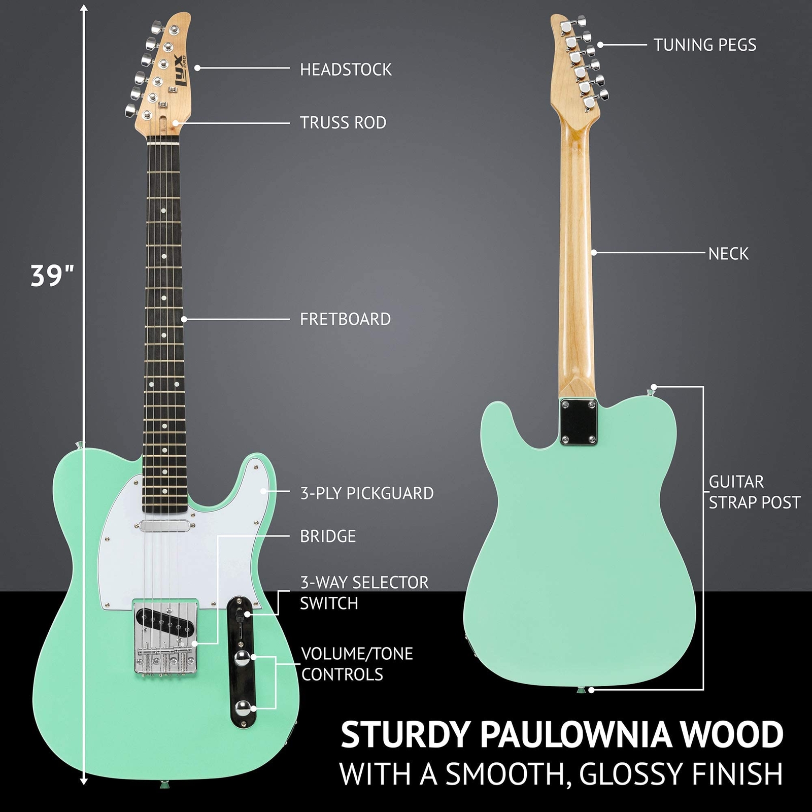 LyxPro 39″ Telecaster Style Electric Guitar, Full-Size Paulownia Body, Green