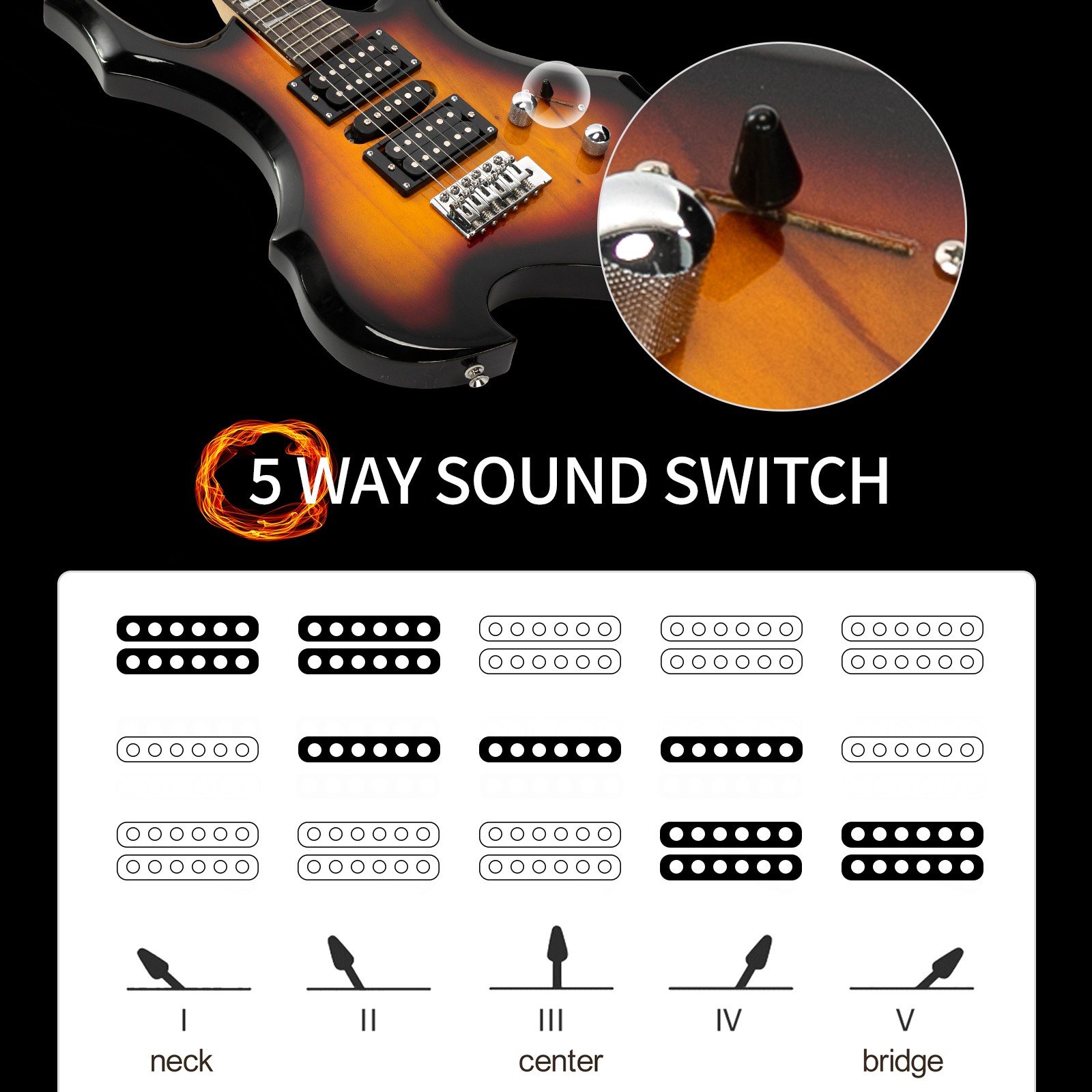 Glarry School Band Burning Fire 24 Frets Electric Guitar with Bag & Accessories