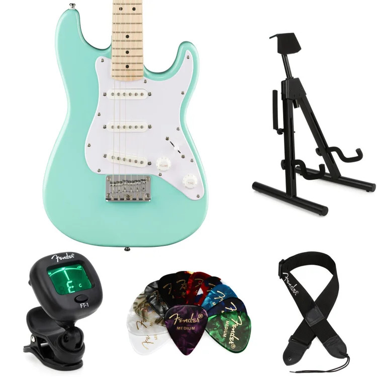 Squier Mini Stratocaster Electric Guitar Essentials Bundle – Sea Foam Green