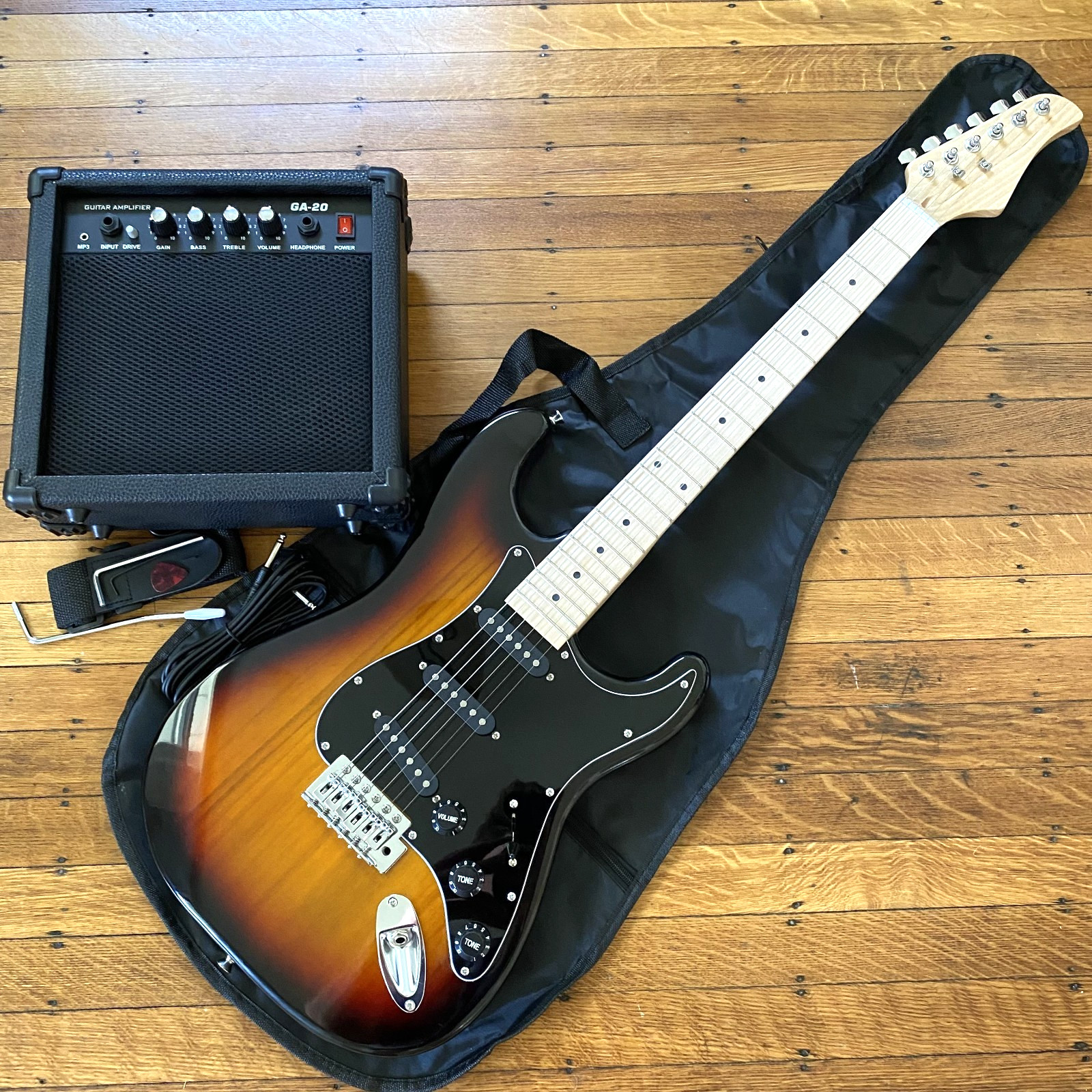Full-Size Sunburst Electric Guitar Starter Package with 20-watt Amp, and More