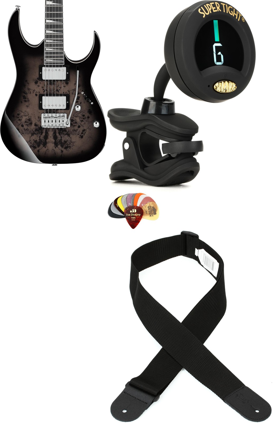 Ibanez GRG220PA1BKB + Snark ST-8 + Dunlop PVP101 + Levy’s M8POLY-BLK Value