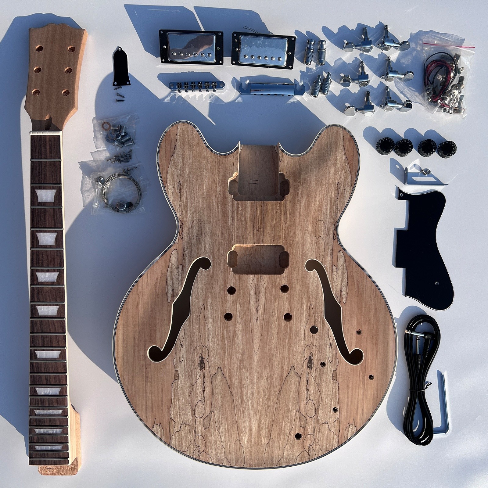 DIY Hollow Electric Guitar Kits Maple Body Spalted Maple Top Bone Nuts FREE SHIP
