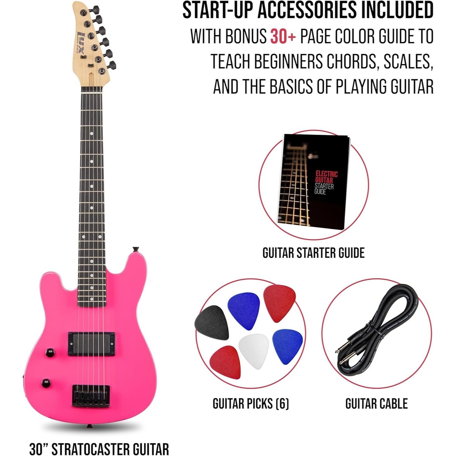 LyxPro CS 30in Left Hand Electric Guitar Kit Amp Cable 6 Picks Guide Pink