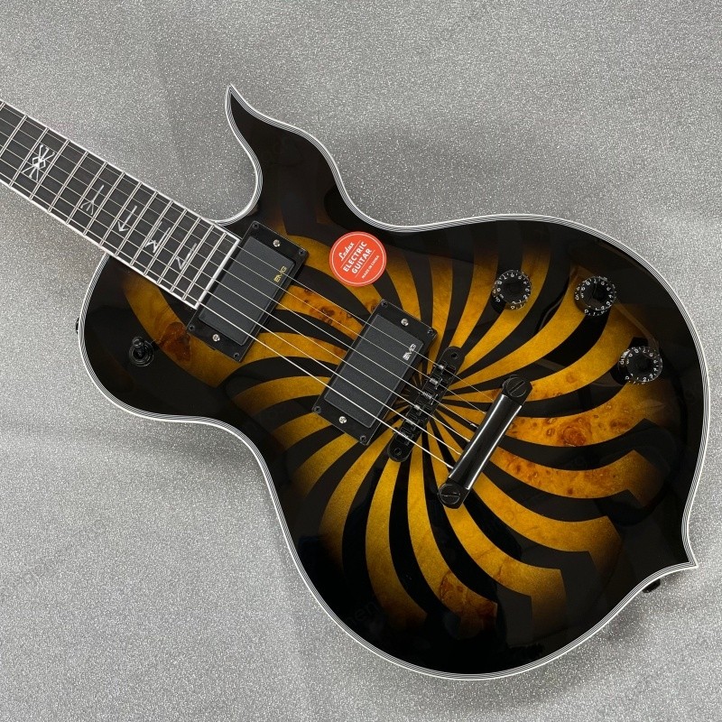 Hot Saled Solid Body Electric Guitar Gloss Black Golden Spiral Graphic Bone Nut