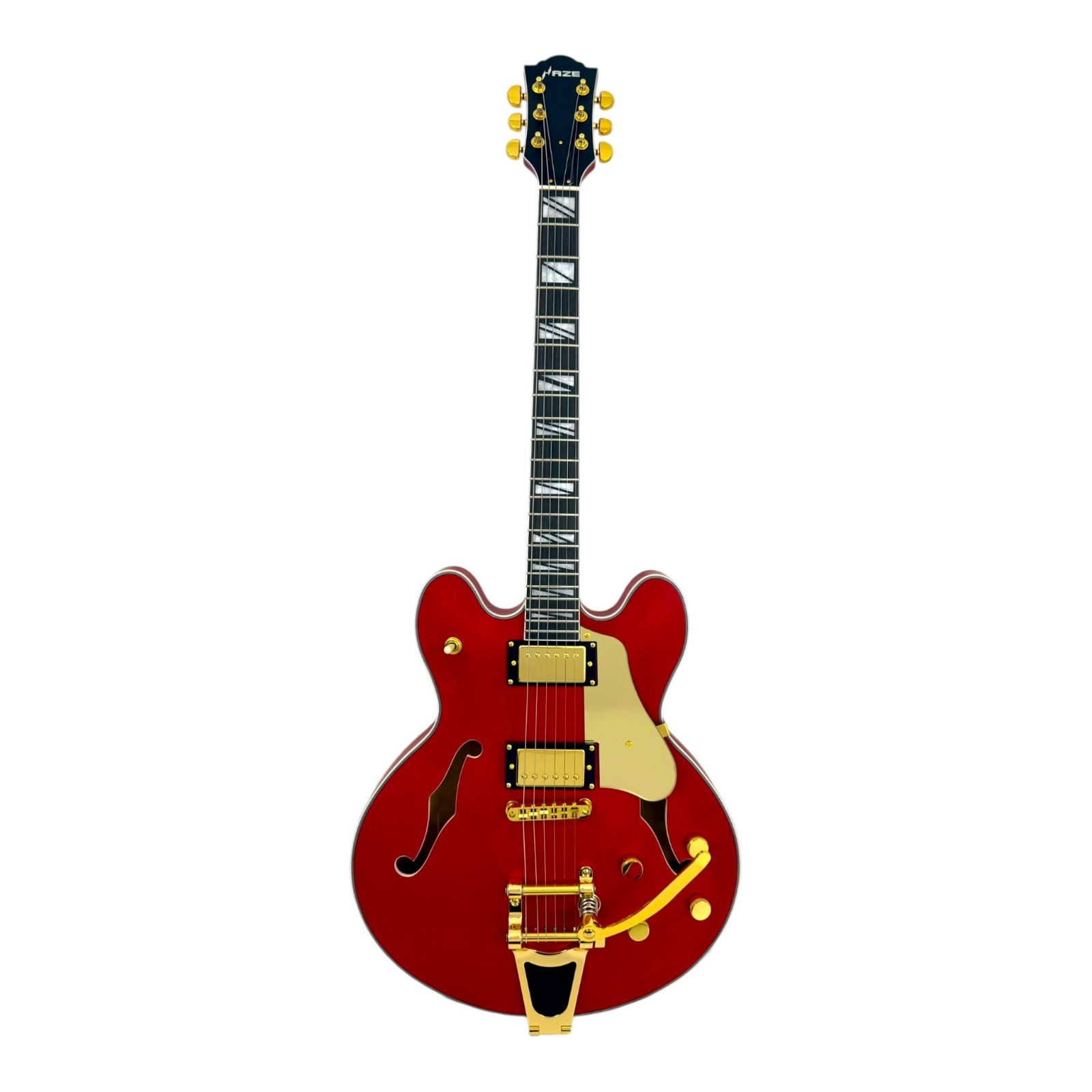 Haze SEG1975WRDS Semi-Hollow HES Electric Guitar Wine Red Gold w/ Vibrato Bar