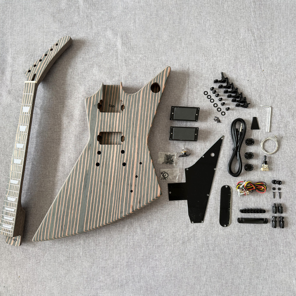 DIY 6 String Explorer Electric Guitar Kit Zebrawood Body BK part set neck 22fret